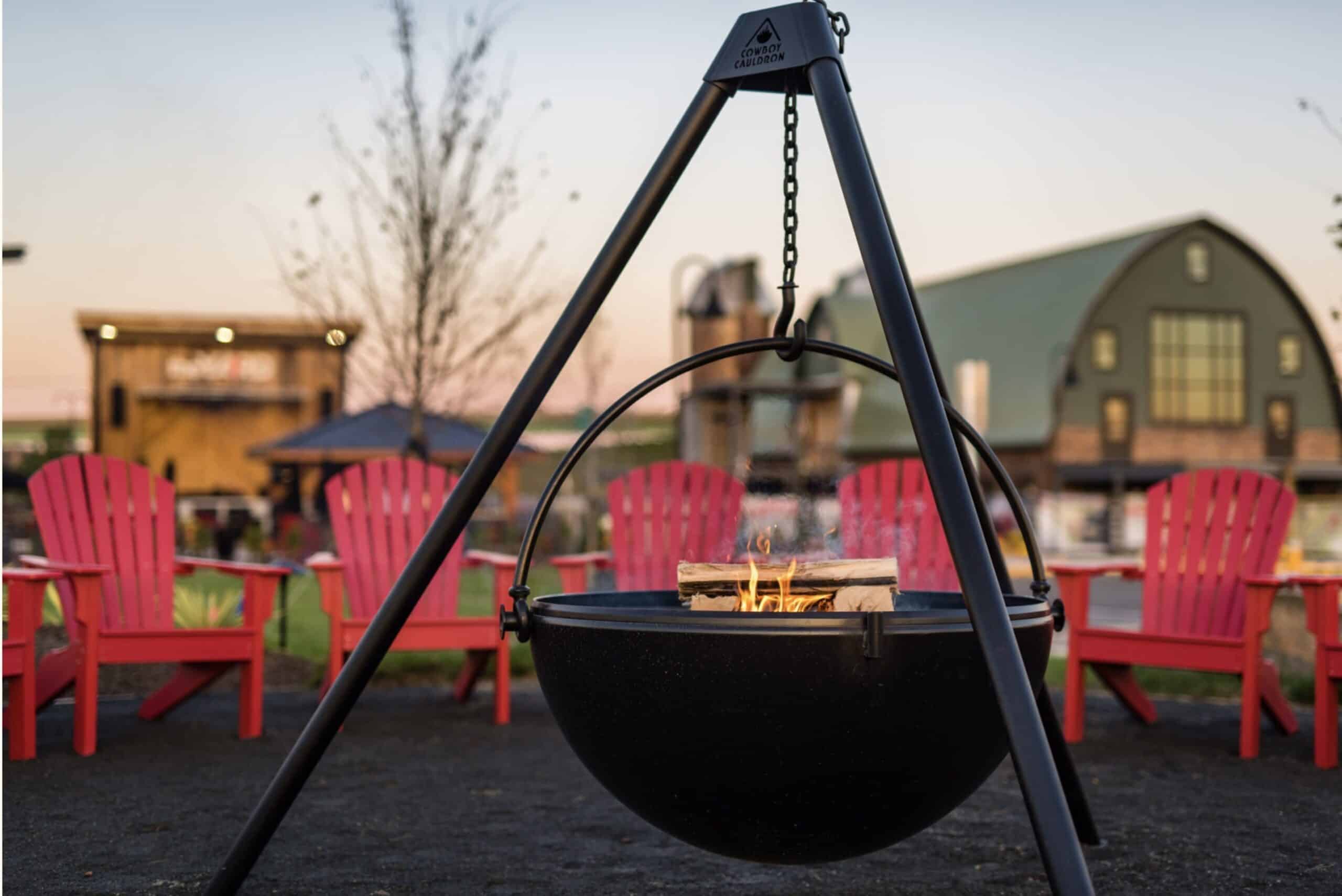 A fire pit hangs at one of Everyone Eats Catering's venue partners: 2 Silos Brewing Co.