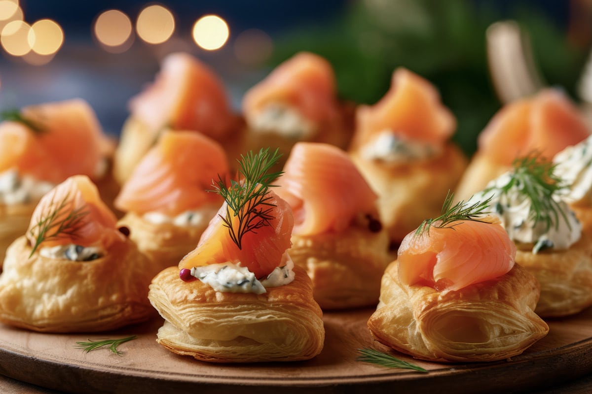 Salmon canapes on a platter under the lights for a catered dinner